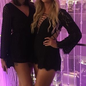 Olivaceous Black Lace Lace-Up Romper
